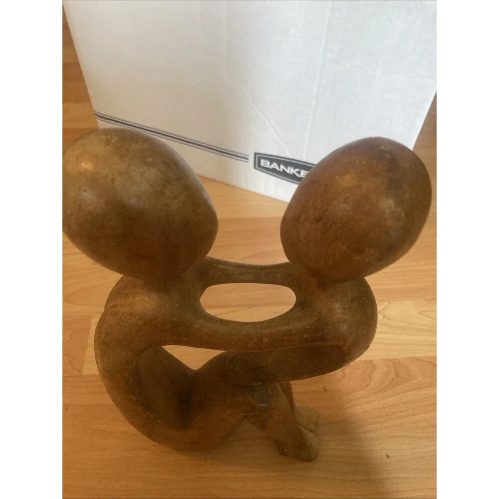 Hand-Carved Wooden Sculpture Mother and Child Embrace Abstract Figurine 11”